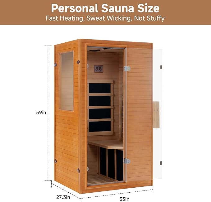 springspa Infrared Sauna Home Sauna, Indoor Far Infrared Saunas for Home, 1 Person Low Emf Canadian Hemlock Wooden Spa Room 950w, 110v with Control Panel
