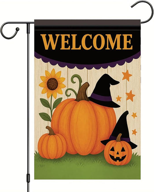 Halloween Fall Garden Flag Pumpkin Witch Hat Flag 12x18 Inch Double-Sided Welcome Yard Banner Autumn Outdoor Decor for Porch Lawn Pathway Jack O Lantern Sunflower Holiday Sign