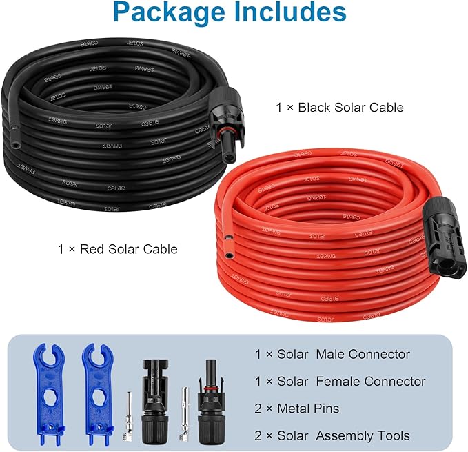 XRDS -RF Solar Extension Cable 10AWG, 6FT Red & Black Solar Panel Wire with Solar Connectors, PV Wire with Disconnect Wrenches & Extra Male/Female Connectors for RV, Camper, Inverter, Off-Grid System