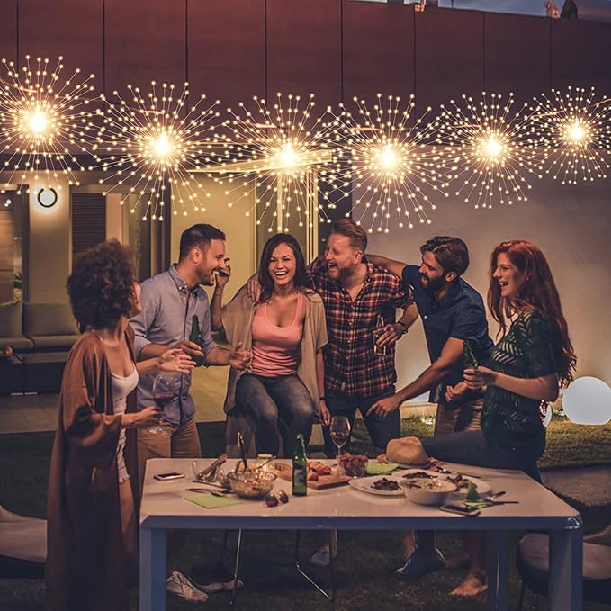 2 Pack Starburst Sphere Lights with Remote Control,200 LED Firework Light, 8 Modes Dimmable Waterproof Copper Wire Hanging Fairy Light for Patio Parties Christmas (Solar Powered)