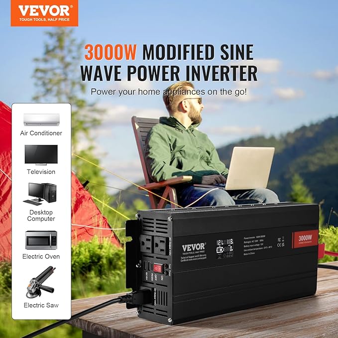 VEVOR Modified Sine Wave Inverter, 3000Watt Power Inverter DC 12V to AC 120V LCD Display with 3 AC Outlets 2 USB Port 1 Type-C Port 10 Spare Fuses, for Large Household Equipment, CE FCC Certified