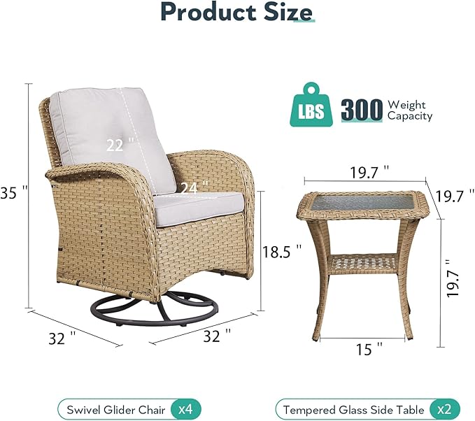Outdoor Swivel Glider Rocker Chairs Set of 4 - Wicker Patio Furniture Set All Weather Patio Conversatio Sets with 2 Tempered Glass Side Table for Deck Backyard - Yellow Wicker Beige Cushion