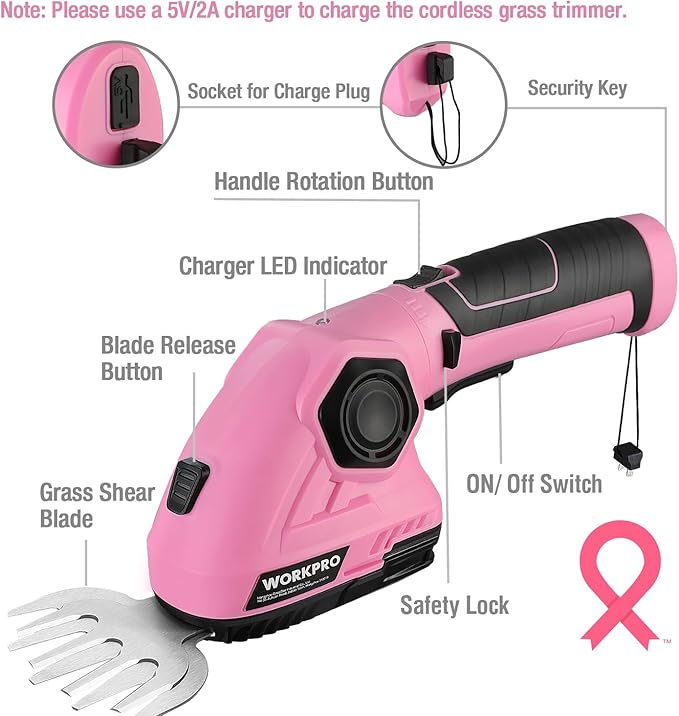 WORKPRO Pink Cordless Grass Shear & Shrubbery Trimmer - 2 in 1 Handheld Hedge Trimmer 7.2V Electric Grass Trimmer Hedge Shears/Grass Cutter 2.0Ah Rechargeable Lithium-Ion Battery - Pink Ribbon