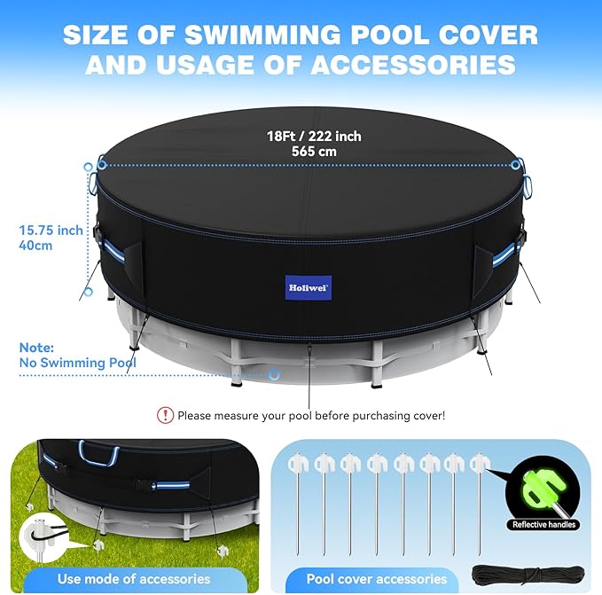 18 Ft Round Pool Cover with Reflective Strips, 420D Swimming Pool Cover for Above Ground Pools, Solar Cover with Drawstring and Ground Nails for Dustproof, UV Protected