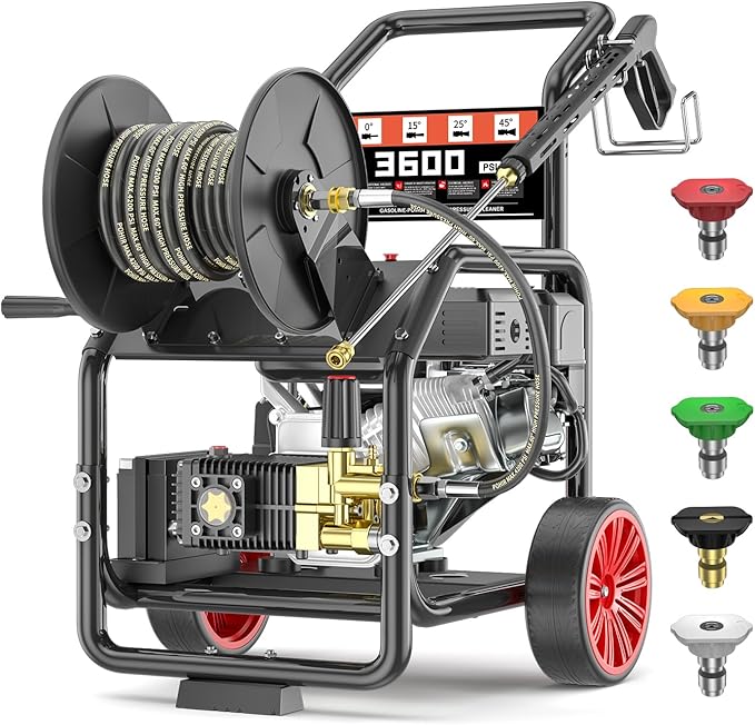 3600 PSI Gas Powered Commercial High Pressure Washer with Hose Reel 212cc 7HP Engine 3.3GPM Electric Start, Includes 50 FT 3/8 inch Hose 5 Quick Connect Nozzles Spray Gun and Wand