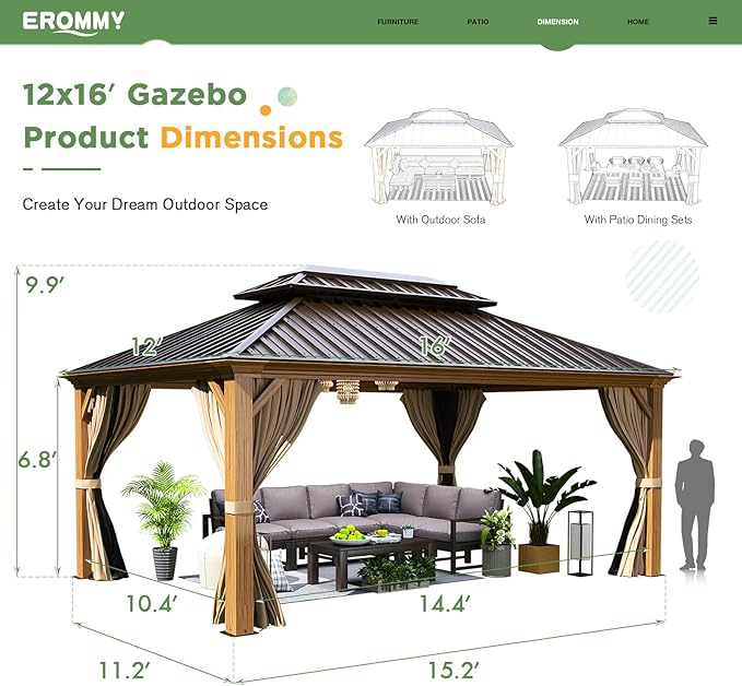 EROMMY 12'x16' Hardtop Gazebo, Wood Grain Aluminum Frame Outdoor Gazebo with Galvanized Steel Roof, Permanent Metal Pavilion with Curtains and Nettings for Patio, Backyard, Deck and Lawns