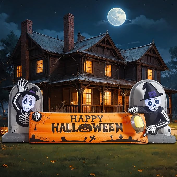 10FT Large Halloween Inflatable Decorations Skeleton Tombstone Banner, Build-in LED Lights Holiday Blow Up Yard Decoration for Halloween Holiday Party Outdoor，Garden Yard Lawn Decor