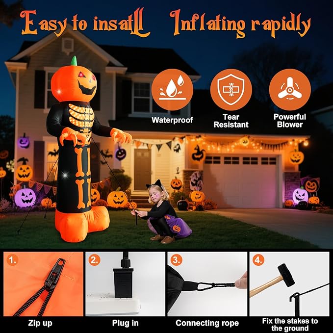 HFO 8 FT Halloween Inflatables Outdoor Decoration Pumpkin Reaper Ghost with Magic Lightshow Bones and Flashing Eyes Blow Up Yard Decoration with LED Lights Holiday Party Yard Lawn Decor