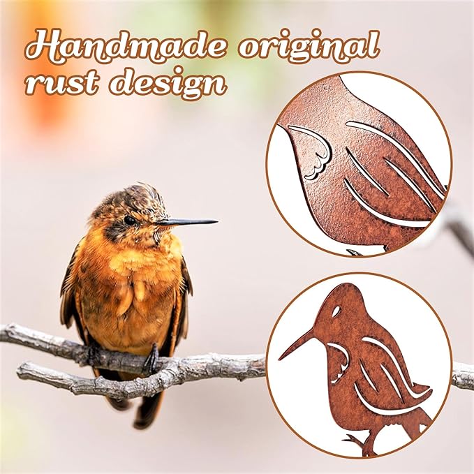 5PCS Rusty Birds Decoration, Outdoor Metal Birds Decor for Yard, Wall & Fence - Hummingbirds Craft Statue Ornaments - Garden Sculptures and Yard Art - Rustic Garden/Farmhouse Decor, Double-Side Design