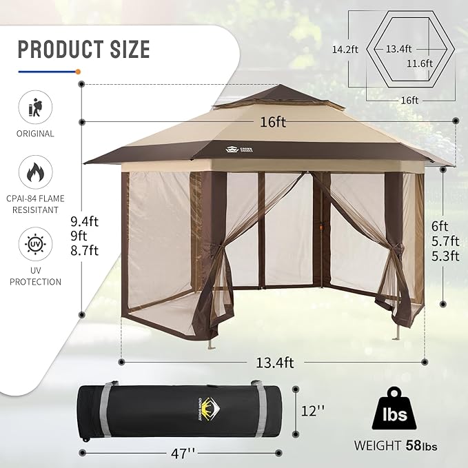 CROWN SHADES 13x13 Pop up Gazebo with Mosquito Nettings, Patented Center Lock 6-Sided Portable Gazebo, 300D Silver-Coated Fabric UV Resistant, Pop Up Canopy Tent for Patio, Party, Beige&Coffee