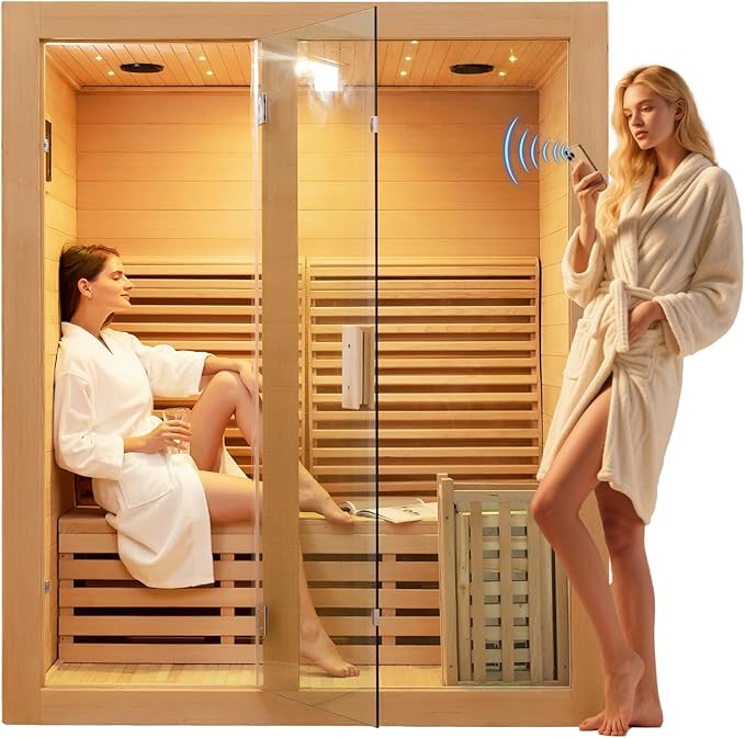 ZONEMEL Wooden Steam Sauna Room, 2-3 Person Canadian Hemlock Luxurious Indoor Sauna with 4.5 KW Harvia Stove Heater, WiFi Control, Sauna Stone, Wooden Bucket, Scoop, Reading Light, Hourglass, 220V