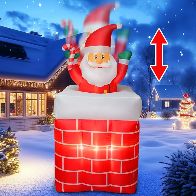 6FT Christmas Inflatables Santa Claus in The Chimney Automatic Up and Down, Outdoor Blow Up Santa Claus Yard Decorations Built-in LED Lights, Indoor Yard Party Lawn Garden Holiday Decor