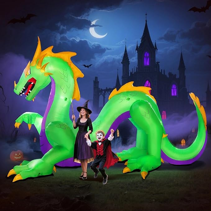Giant 14FT Length 9FT Tall Green Dragon Halloween Inflatables, Halloween Dragon Blow Up Inflatable Outdoor Decoration Built-in 9 LEDs and Independent High-Power Blower for Yard Lawn Decor