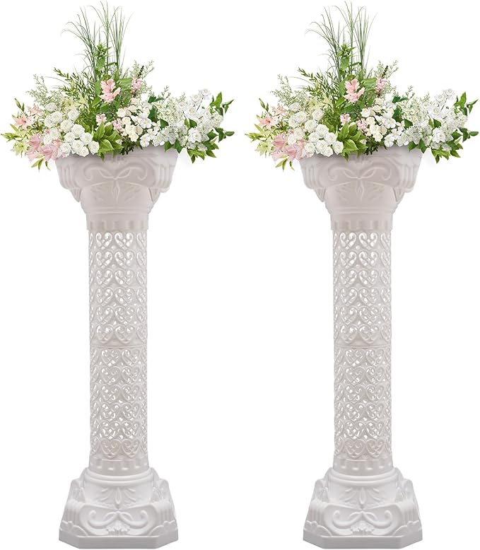 Roman Column Pedestal, Plastic White Columns for Weddings Indoor/Outdoor Roman Pillar Stand for Table Sculptures, Vase, Garden Decor (2PCS, 10.6 x 34.6 Inch Fretwork)