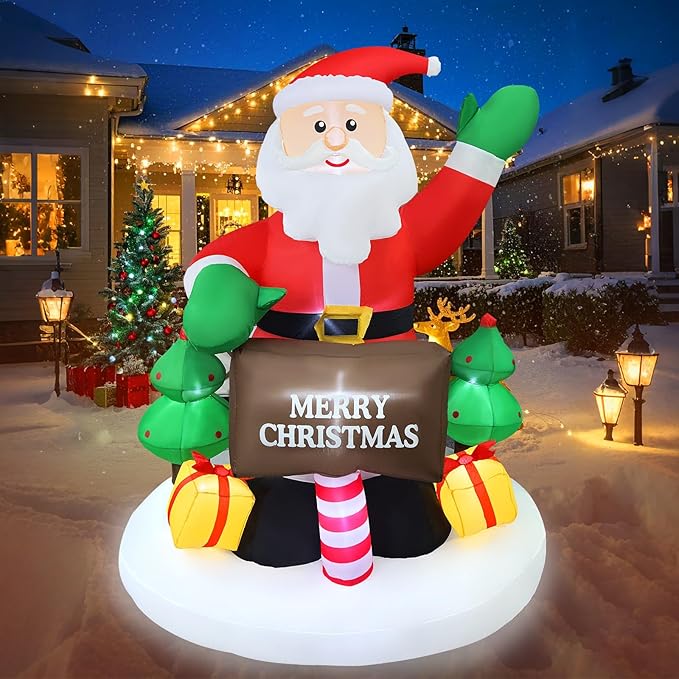 2025 Christamas Inflatable Santa 6FT Holding Sign Santa Claus Christamas Inflatables Outdoor Decorations Xmas Santa Blow Up Yard Decor with 8 Built-in LEDs for Holiday Party Yard Garden Lawn Decor