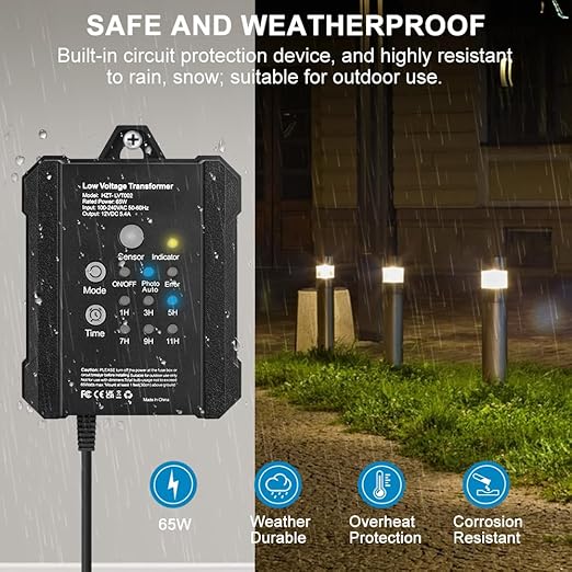 65W Low Voltage Landscape Transformer, RWUSNX Outdoor Landscape Lighting Transformer with Timer and Photocell Sensor, 120V AC to 12V DC Weatherproof for Spotlight, Garden Light, Pathway Light