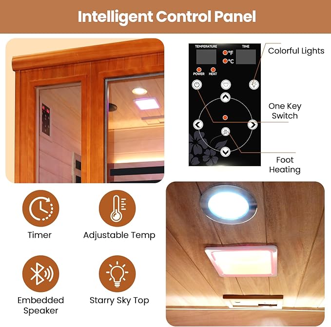 Sauna Infrared Sauna 2 Person Sauna Room Far Infrared for Sauna Home Indoor 1880W/110V Low-EMF Wood Okoume Dry Sauna Two Person Sauna with Air Hole, 7 Color Therapy, Speaker - 47.2 * 41.3 * 74.8 in