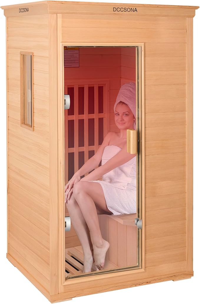 1-Person Indoor Infrared Sauna 1000W – Canadian Hemlock Wood Home Sauna with Red Light Therapy, Bluetooth Speaker, Glass Door,Big Room: 37.8" x 30.3" x 65.4"