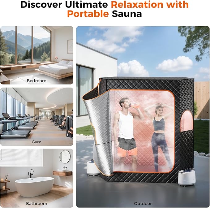 2 Person Sauna, Upgraded Large Sauna Box, Portable Steam Sauna for Home with 2 Steamer, 2 Folding Chair, Black