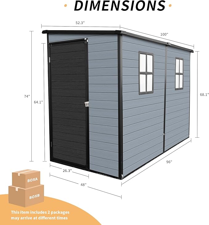 LANTRO JS 4x8FT Plastic Storage Shed with Floor, Outdoor Storage Shed with Floor Included, with 2 Windows and Lockable Door, Backyard Storage Sheds for Garden Tools, Bike, Gray and Black