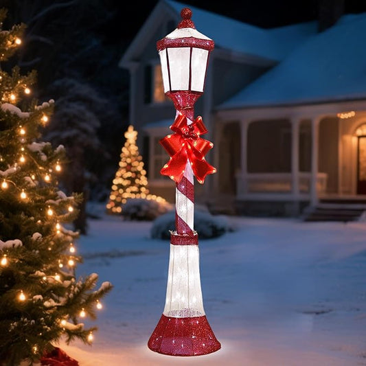 60-Inch Outdoor Christmas Decorations Outdoor Lighted Lamp Post 3D Lamppost LED Lighted Post Christmas Decoration with 128 LED Lights & Bow Holiday Decorations for Yard, Porch, Patio