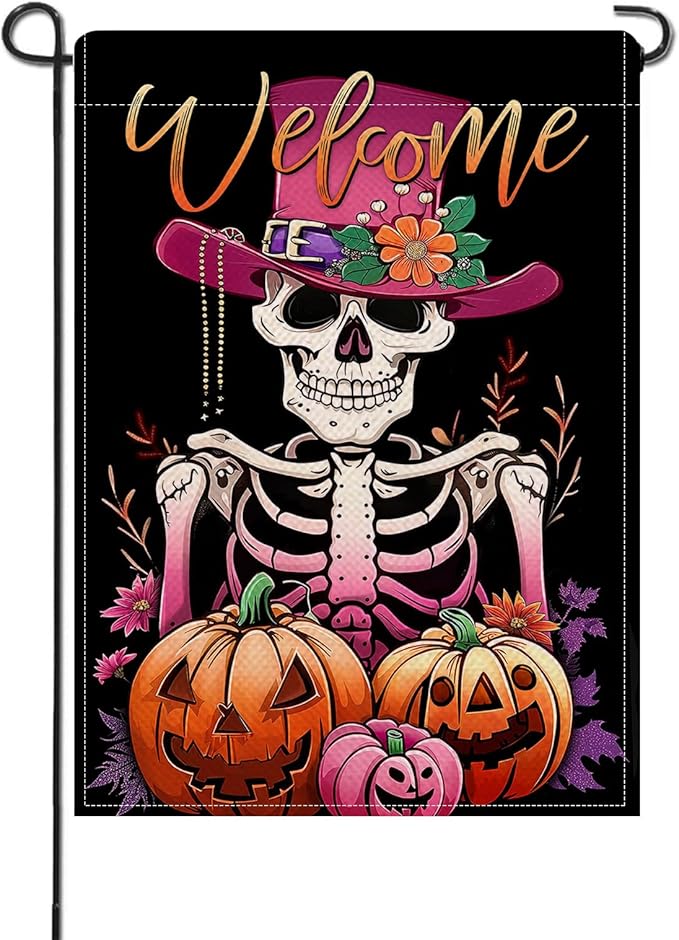 Artofy Welcome Halloween Gothic Skeleton Small Decorative Garden Flag, Pink Scary Skull Jack O Lantern Pumpkin Yard Lawn Outside Decor, Horror Flowers Burlap Outdoor Home Decoration Double Sided 12x18