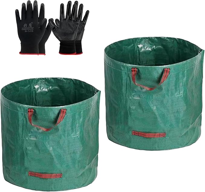 2 PCS 106 Gallon Yard Waste Bags, Reusable Lawn and Leaf Bags Heavy Duty Garden Bags with 2 Pair Gloves for Clean Up Outdoor Debris Leaves Grass Clippings