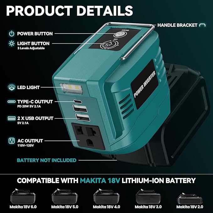 200W Power Inverter for Makita 18V, DC 18V to AC 110V Inverter, Portable Power Station with 2 USB Ports & 1 AC Outlet & 1 Type-C Fast Charging, Battery Adapter with LED, Battery Not Included
