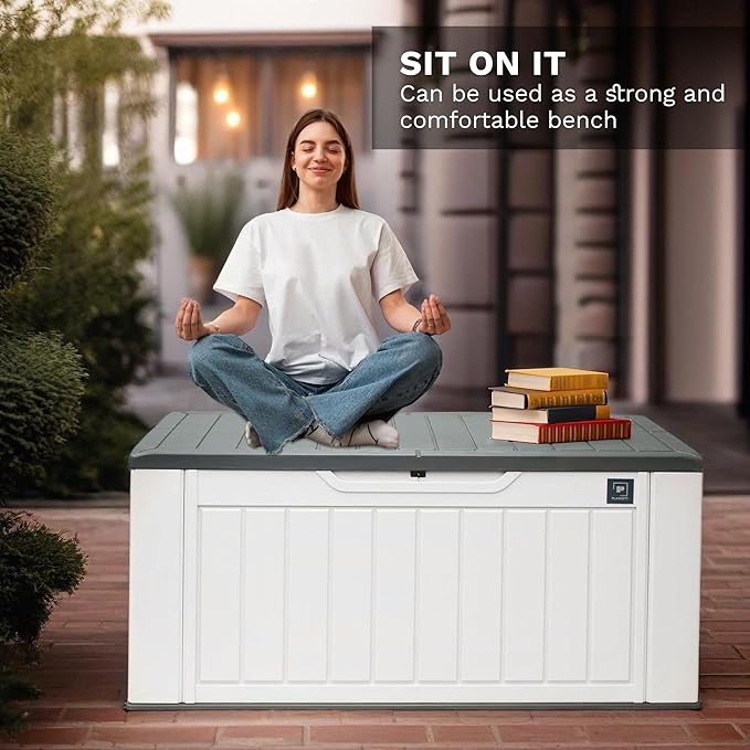 230 Gallon Large Outdoor Storage Box, Durable Deck Boxes Outdoor Waterproof, Resin Waterproof Deck Box for Patio Furniture Outdoor Cushions Garden Tools and Pool Storage (White, 150Gallon)