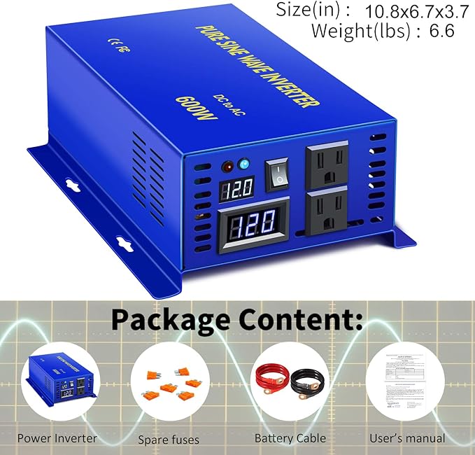 600W Pure Sine Wave Inverter 12v to 110v 120v Solar Power Inverter dc to ac Dual US Plug for Car (600W12V-cable)