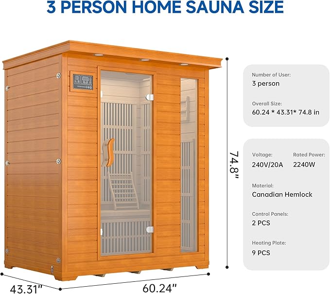 3 Person Infrared Sauna, Indoor Far Infrared Saunas for Home, 2240W Low EMF Canadian Hemlock Wooden Dry Sauna Room with 7 Chromotherapy Lamp, Bluetooth Speakers, 20 Amps