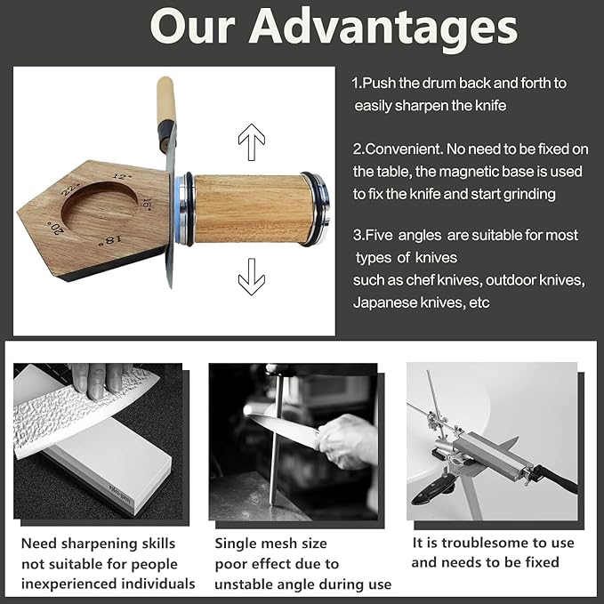Acacia Rolling Knife Sharpener with 2 Diamond discs and Corundum disc, Rolling Knife Sharpener Kit with 5 Magnetic Angle Offer 12/15/18/20/22°