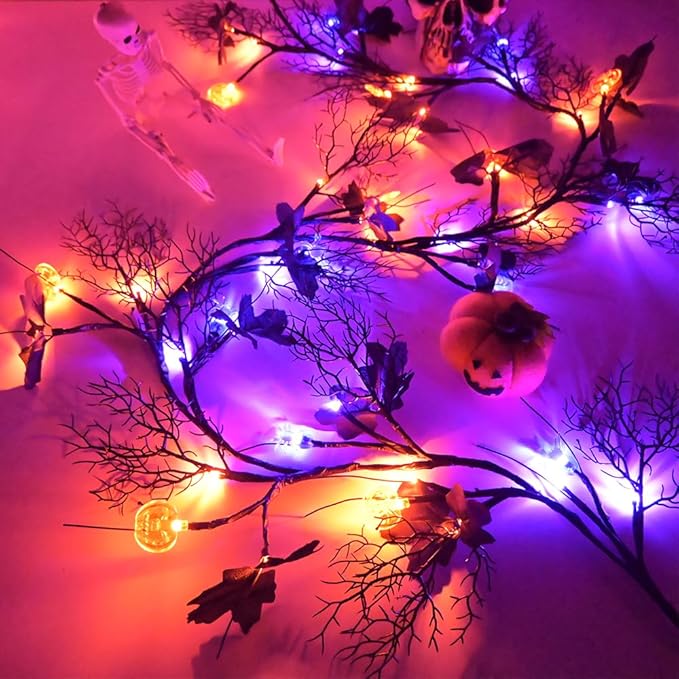 Halloween Garland with Lights 8.86FT 72LED Willow Vine Twig with Timer Black Garland Lights with Orange Pumpkins Purple Spiders and Black Leaves Dead Branches Halloween Decorations Indoor Outdoor