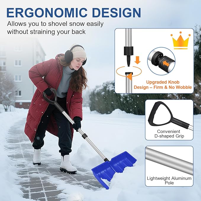 Ergonomic Large Snow Shovel for Driveway: 48-Inch Dual-Lock Knob Anti-Wobble Handle, 16" Plastic Blade w/Metal Edge, Ultra-Light 1.9 lb, Portable Aluminum Shaft, Car, Camping & Emergency, Blue