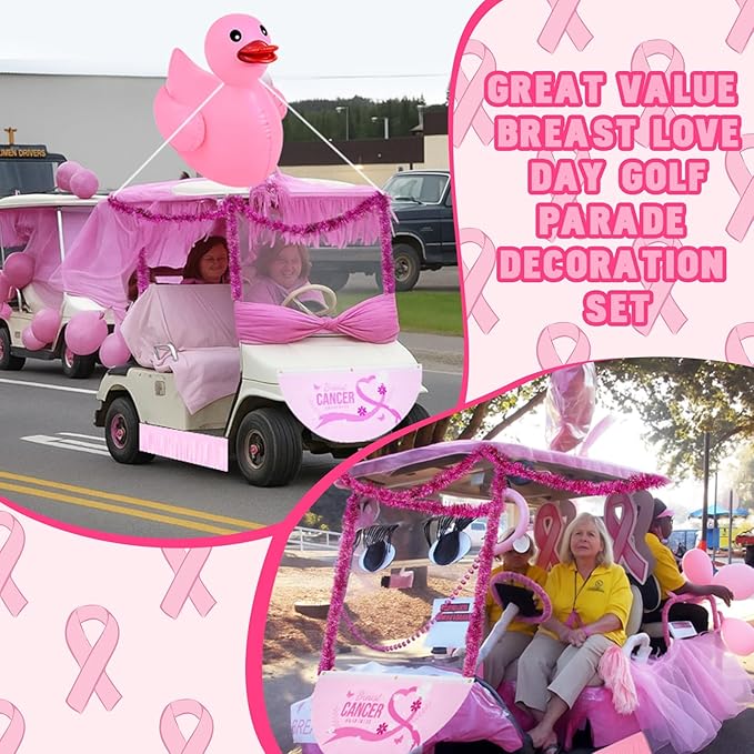 Hungdao Large Breast Cancer Golf Cart Decorations Kit, Giant PVC Pink Inflatable Duck, Tinsel Garlands Tinsel Streamers Fan Flag, Reuseable Indoor Outdoor Decoration for Awareness Parade