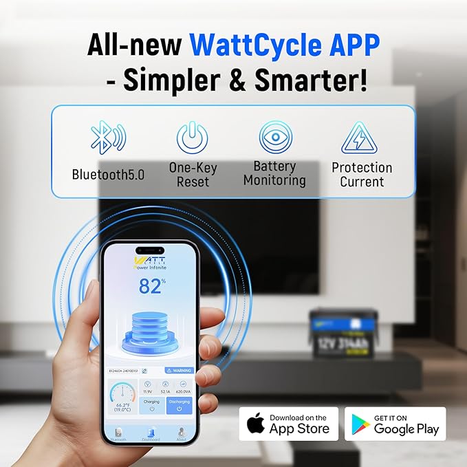 Wattcycle 12V 314Ah LiFePO4 Mini Lithium Battery with Bluetooth 5.0, Built-in Metal Frame 200Ah BMS, 4.01kWh Energy, Upgraded Aluminum Cooling Fins, 12v 300ah + Lifepo4 Lithium Batterys
