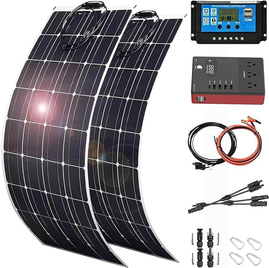 800 Watt Flexible Solar Panel for RV, 2 × 400 Watt 12 Volt Solar Power Panel Kit with 40A Solar Charge Controller & Inverter Monocrystalline Solar Panels for Camping Off Grid Battery Charging Boat