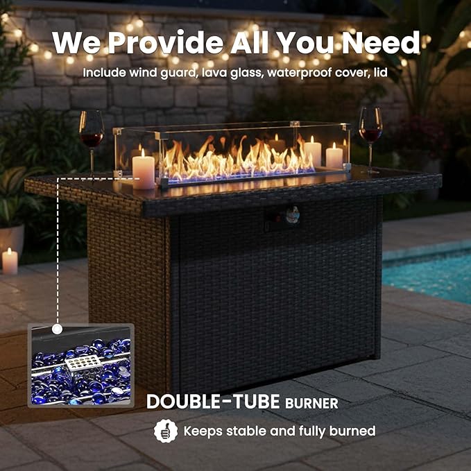 7 Pieces Patio Furniture Sets with Fire Pit Table, Wicker Rattan High Back Outdoor Swivel Rocking Chairs Set with 3-Seat Couch, Ottomans and Side Table