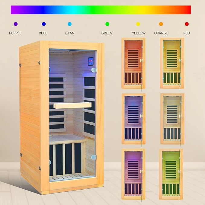 Far Infrared Sauna Home Sauna Room Canadian Hemlock Indoor 1 Person Sauna 900W 110V with Red Light Bluetooth Speakers 28.35"x32.28"x61.42"