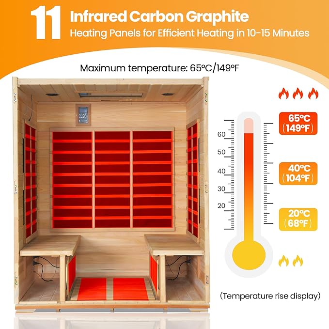4 Person Outdoor Sauna Far Infrared Saunas Dry Sauna Room Wood Wooden Sauna Outdoor and Red Cedar Low EMF 2600W/240V with Oxygen Bar, 7 Color Light, Control Panel, Speaker - 62.2 * 46.9 * 81.9 in