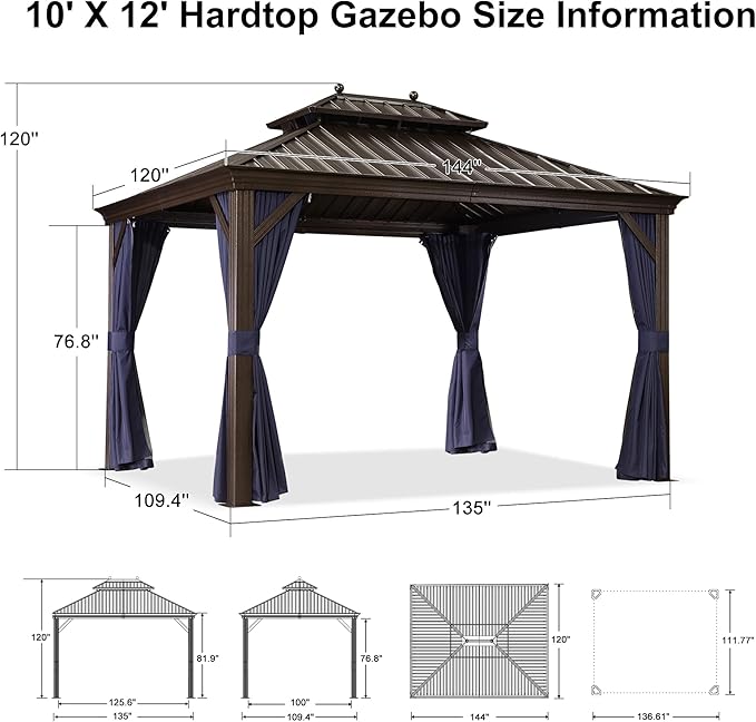 PURPLE LEAF 10' X 12' Hardtop Gazebo with 5 Pieces Wide Aluminum Frame Galvanized Steel Double Roof with Heavy Duty Netting and Curtains for Permanent Hard Top Pavilion Screen Navy Blue