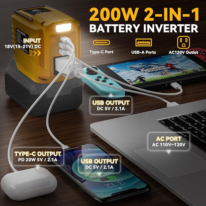 200W Power Inverter for Dewalt 20V, DC 20V to AC 110V Inverter, Portable Power Station with 2 USB Ports & 1 AC Outlet & 1 Type-C Fast Charging, Battery Adapter with LED, Battery Not Included