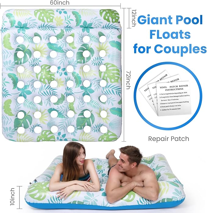 Inflatable Pool Float Mat, 72" X 60" Giant Pool Floats Adult Size with Headrest Lake Float Raft Water Lounger, Oversized Floating for Swimming Pool Tanning Pool for Summer Beach