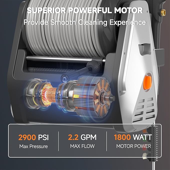 Giraffe Tools Wall Mounted Pressure Washer Plus with Upgraded 1800W Motor, Max 2900 PSI, 2.2 GPM Electric Power Washer with 100ft Retractable Pressure Hose for Car, Automatic Rewind, Any Length Lock