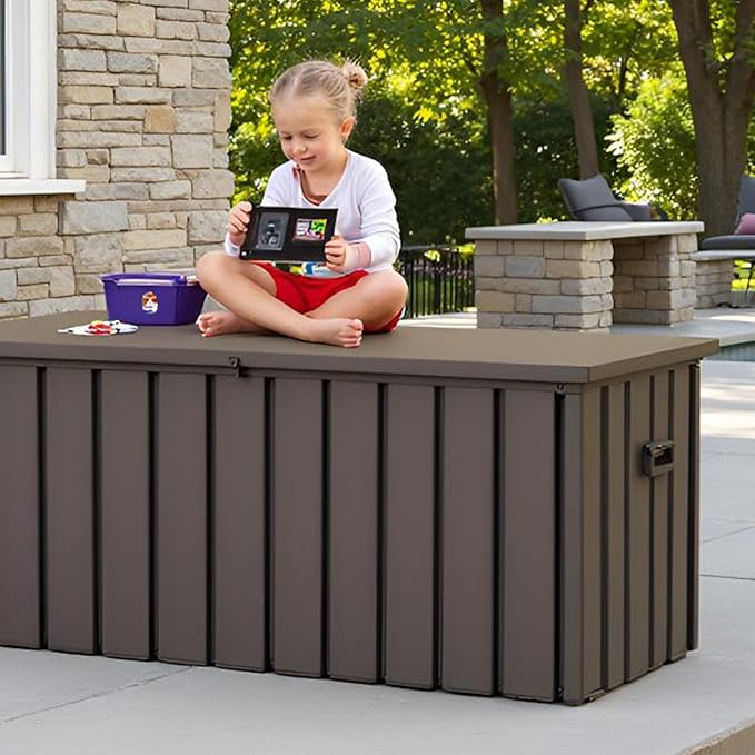 LANTRO JS 120 Gallon Metal Deck Box, Outdoor Storage Box Waterproof with Wheels, Lockable Storage Container for Patio Furniture Cushions Garden Tools, Dark Brown