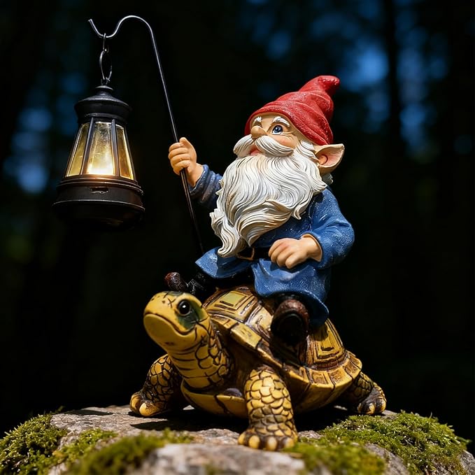 Garden Gnome Statue Riding Turtle - Garden Gnomes Decorations with Solar LED Lights, 7.9" Outdoor Resin Figurine Ornament for Patio, Yard, Funny Lawn Decor (Colored)