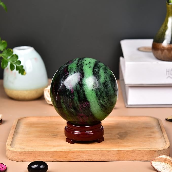 JIC Gem Natural Ruby Zoisite Quartz Crystal Sphere Balls with Wood Stand Red&Green Treasure Gemstone Decorative Orbs Reiki Energy Healing Crystal Ball (60-70mm)