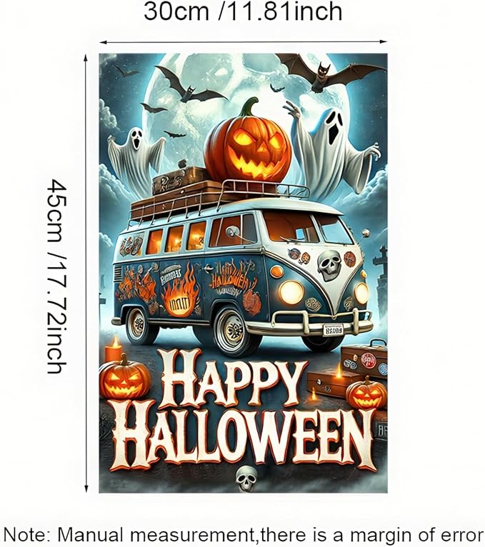 Happy Halloween Garden Flag 12x18 Inch Double Sided Spooky Truck Garden Flag Pumpkins Jack-o'-lantern Ghost Welcome Flag Yard Outdoor Decorative Outside Banner