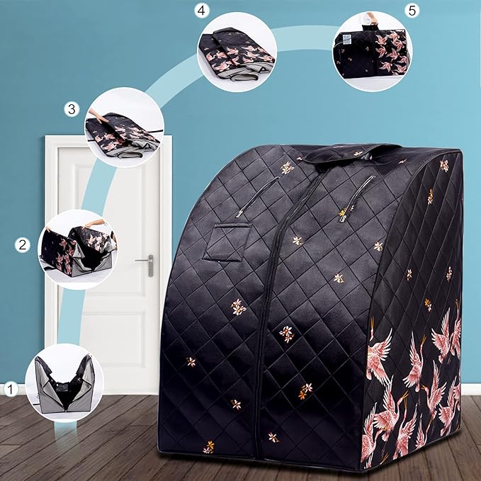 Smartmak Portable Far Infrared Sauna, Full Size 1 Person Sauna SPA Tent at Home, with Heating Foot Pad and Folding Chair - Black