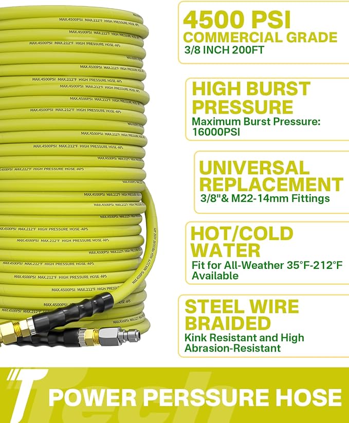 Pressure Washer Hose 200FT 3/8" for Cold and Hot Water 212°F, with Swivel Quick Connect, 4500PSI Kink Resistant Grade Steel Wire Braided, Power Washer Hose With 2pcs M22-14mm Adapter